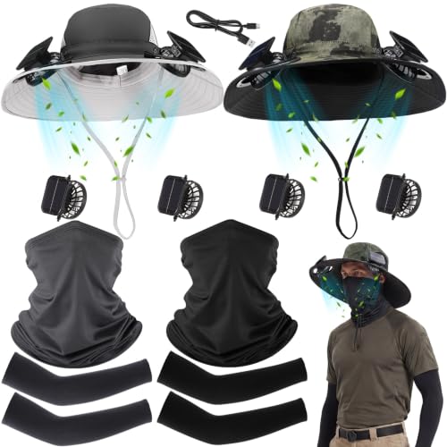 Image of Syhood 2 Set Solar Fan Hats with Neck Gaiters and Arm Sleeves, Wide Brim Fishing Hats for Men Women Outdoor Camping Gardening