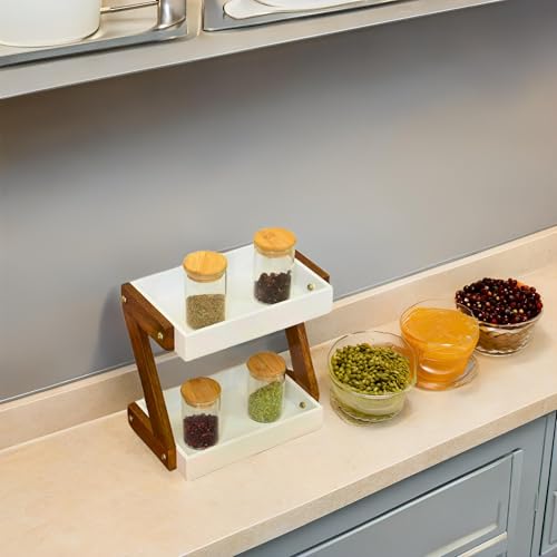 Image of Multipurpose Wooden Triangluar Countertop Spice Rack | Kitchen Counter Top Organizer | 2-Tier Kitchen Storage Organizer Tiered Shelf| Jars And Bottle Holder & Kithen Decor Item