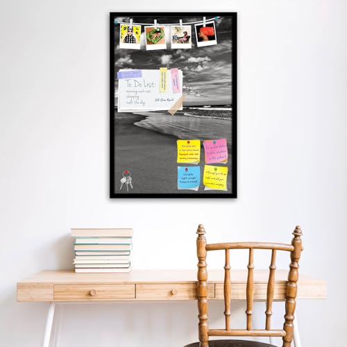 Image of ArtzFolio Sea, Air, & Land Monochrome Contrast | Bulletin Board Notice Pin Board | Vision Soft Board Combo with Thumb Push Pins & Sticky Notes | Black Frame | 12 x 18 inch (30 x 46 cms)