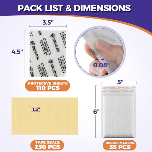 Image of Ding Defend Card Shipping Protector Envelopes Bubble Mailer Kit with 110 Semi-Transparent Small Padded Envelopes /Protectors (3.5 inch x 4.5 inch), 55 Small Bubble Mailers, 250 Tape Seals for Collectible Cards
