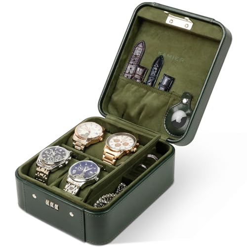 KAMIER Watch Box 4 Men and Women Mechanical Combination Clasp Rings Travel Watch Case PU Leather Gift Idea (With Gift Box) Green