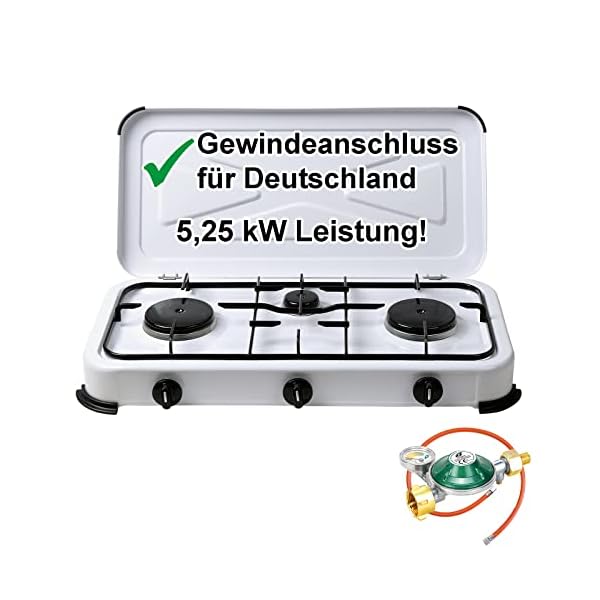 Campingkocher Gaskocher 3 flammig 50mbar Gasherd mit Gasschlauch und Gasregler mit 360°-Manometer Gas Füllstandsanzeige und Schlauchbruchsicherung 2 4