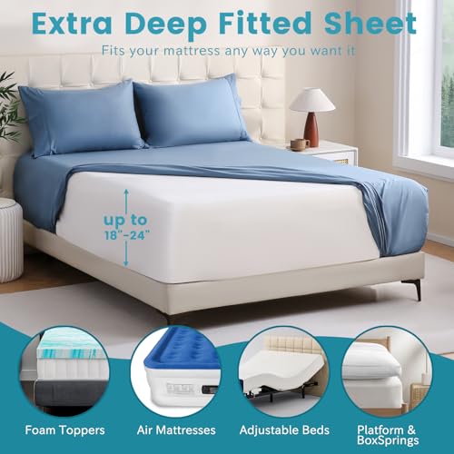 Bedlifes King Sheet Set, Extra Deep Pocket 18-24 Inches,1000Thread Count 100% Egyptian Cotton, Soft and Breathable Sateen 4-Piece,Mineral Blue