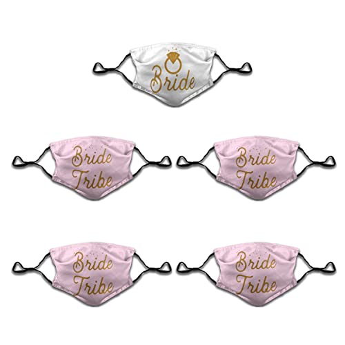 Bachelorette Party Favors 1 PCS Bride & 4 PCS Bride Tribe Masks for Women - Bridesmaid & Team Bride Face Mask for Wedding, Adjustable Mouth Cover with 10 Filters, White, Pink with Gold Letters