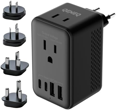 QENEQ 220v to 110v Converter Travel Voltage Converter European Travel Plug Adapter with USB Charging Ports Type C Travel Essentials AC Outlet Plugs for UK US EU AU South Africa for Hair Dryer (Black)