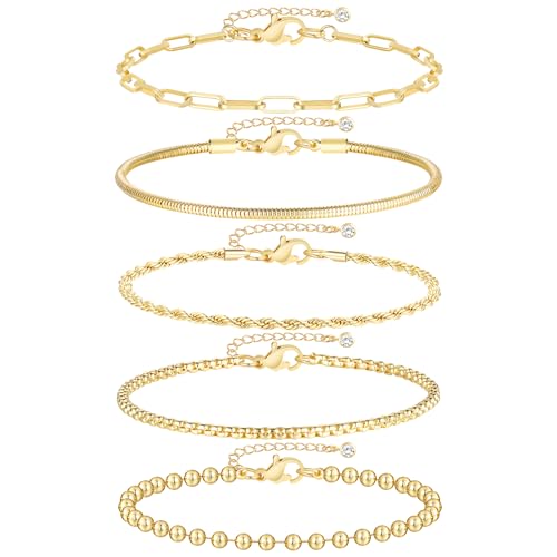 Image of iF YOU Gold Ankle Bracelets for Women, 14k Gold Plated Waterproof Cuban Link Chain Anklets Set, Layered Anklet Bracelets for Women Beach Gift Adjustable Size 5pcs