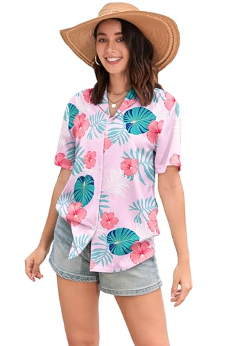 Image of SANGTREE Girls & Women's Hawaiian Shirts Button Down Short Sleeve Floral Tropical Shirt Beach Vacation Blouse Tops