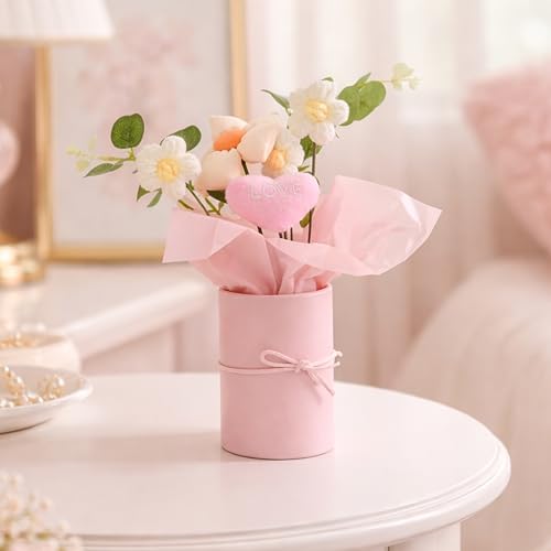 Image of Art Street Handmade Knitted Flower Bouquet in Pink Box - Artificial Daisy & Eucalyptus Arrangement with Soft Fabric Heart | Decorative Table Decor, Anniversary,