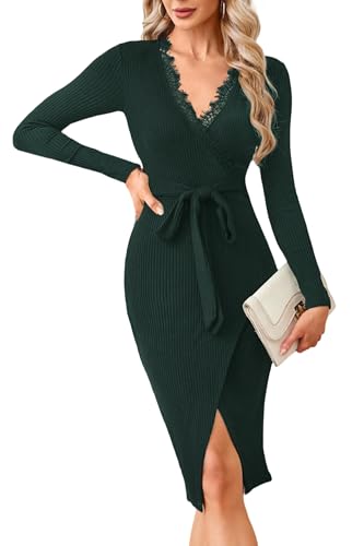 Newshows Strickkleid Damen Winterkleid Elegant V Ausschnitt Langarm Bodycon Winter Wickelkleid Midikleid Dunkelgrün,S