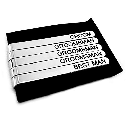 Wedding Tie Clips, Silver Tie Bars with Black Lettering