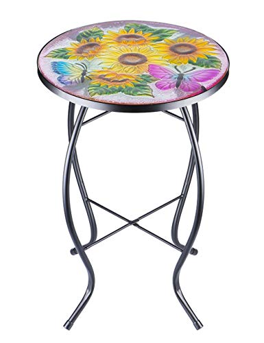 Vcuteka Patio Side Table Plant Stands Outdoor Accent Table Small Mosaic Table Glass Top Round Balcony Coffee Table Sunflower #TOP6