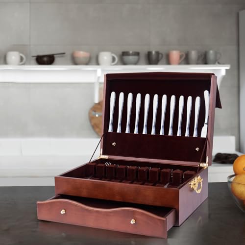 Silverware Storage Box,2 Layers Wooden Silverware Chest with Drawer,Silverware Case with Handle and Felt Lined,15.35\" x 11.41\" Flatware and Utensil Organizer for Kitchen,Black(Flatware Not Included)