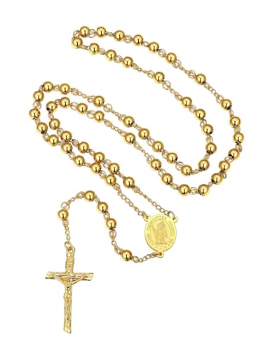 FaithHeart Gold Rosary Necklace for Men, Saint Christopher Pendant Neck Charms, Catholic Cross Crucifix Pendant Costume Jewelry for Father