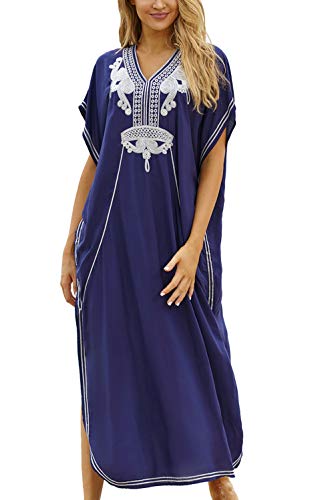 YouKD Verano Algodón Bordado Floral Flojo Caftán Boho Vestido de Bikini de Playa Bata de Talla Grande para Mujer Cover