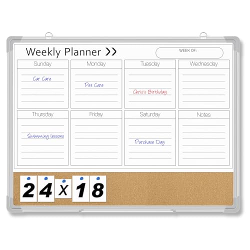 Lincia 24 x 18 Inches White Board Weekly Calendar Dry Erase 2-in-1 Whiteboard Cork Board Combo Weekly Planner Whiteboard Wall Magnetic for Wall Aluminum Frame Calendar Home Office Project