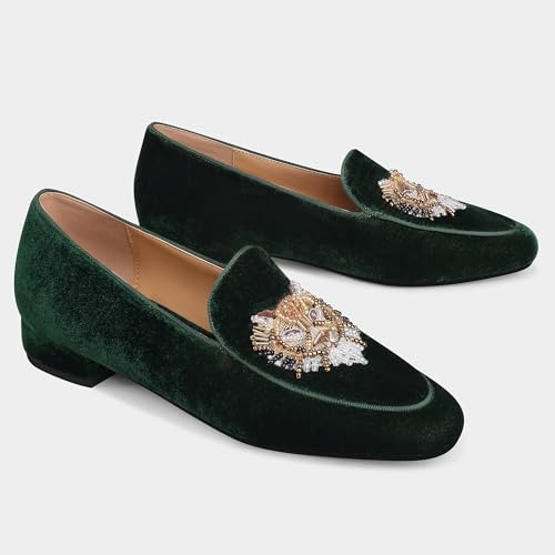 Image of Embroidered Loafers for Women Round Toe Chunky Heel Velvet Flats with Lion Head Pattern Wide Width Dress Casual Shoes