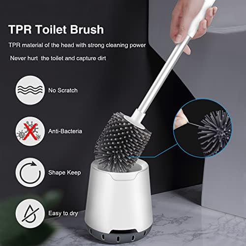 OUILA Toilet Brush and Holder, 2 Pack Modern Design Silicone Toilet Brushes with Stainless Steel Handle and Quick Drying Holder, Toilet Brushes and Holders Set for Bathroom Hygienic
