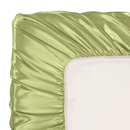 Image of SiinvdaBZX 2 Pcs Satin Mini Crib Sheets 38 x 24In, Beige & Sage Green | Silk-Like Soft Mini Portable Crib Sheets Mattress Cover Portable Playard Sheets with 5In Deep Pocket, Great for Baby Hair