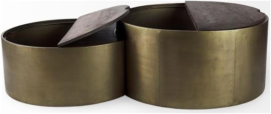 Pemberly Row Set of 2 Coffee Tables, 36" & 32", Round Brown Reclaimed Mango Wood Tops, Gold Metal Bases, Hinged Tops with Storage, Nested Design, Modern Living Room Accent Tables