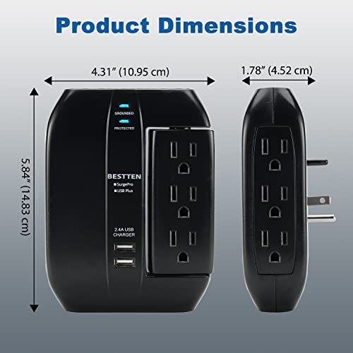 Bestten 1350-Joule Usb Wall Outlet Surge Protector, 6 Grounded Outlets (3 Swivel And 3 Side-Entry), 15A/125V/1875W, 2.4A Dual Usb Charging Ports, Etl Listed, Black #TOP7