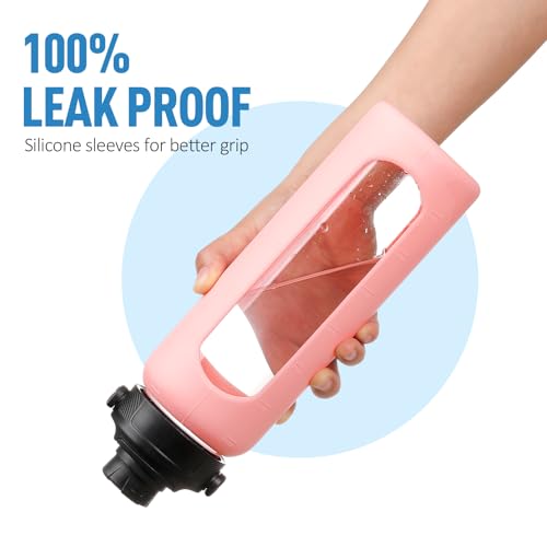Image of 32oz Glass Water Bottle with Straw and 2 Lids, Pink