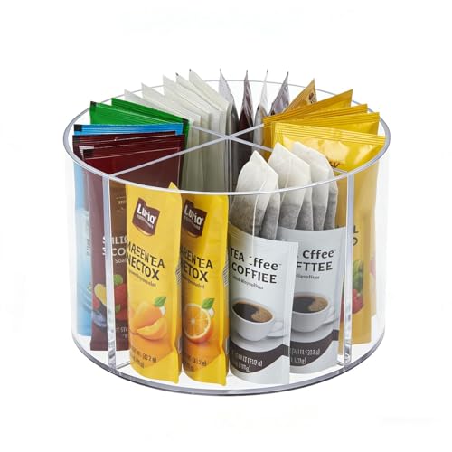 Punorric Tea Bag Storage Organiser with 360° Rotating Base - Countertop Tea Bag Holder, Acrylic Coffee Pod Storage with 4 Compartments, Clear Tea Caddy for Tea Bags