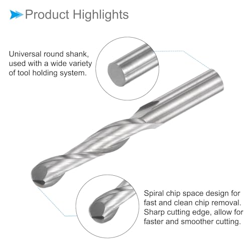 Image of Ball Nose End Mill, 2 Flute 0.24 inch Diameter 1.1 inch Cutting Length, High Speed Steel CNC Spiral Milling Cutter - (Applications: for Steel Milling)