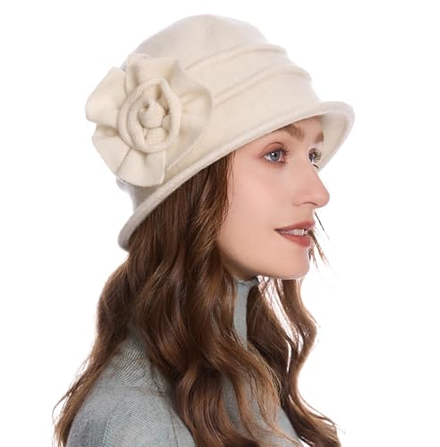 ZLYC dam vinter ull fiskehattar blommor 1920-talet vintage bowler-hatt, Blommor krämvit, En Storlek