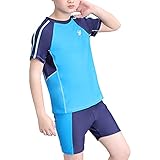 MSemis Badeanzug für Jungen Zweiteiliger Badeanzug für Kinder Hai-Druck Badebekleidung Badeanzug mit Badekappe Blau A 152-158