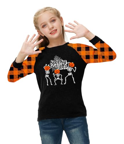 Image of Remimi Girls Thanksgiving Shirts Buffalo Plaid Raglan Tee Cute Turkey Holiday Party Long Sleeve Tshirt 5-14 Years