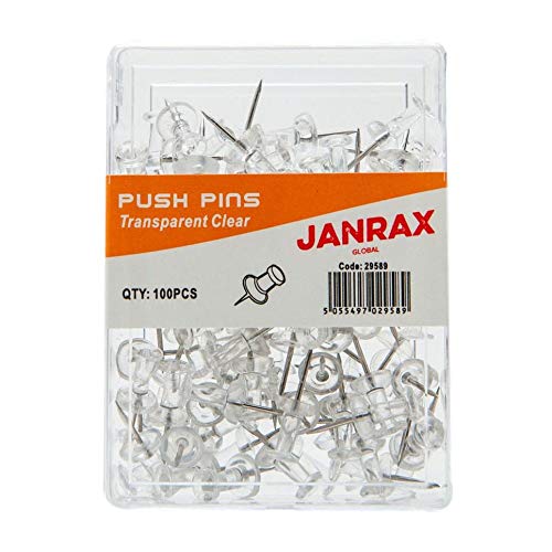 Pack of 100 Clear Push Pins by Janrax - Transparent Cork Board Push Pin Tub