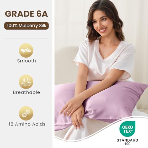 Image of THXSILK 100% Pure Mulberry Silk Body Pillowcase for Hair and Skin - 25 Momme - Upgraded Real Grade 6A+ Silk - Durable, Soft Breathable Silk Pillow Case (Body Size 20 inchx54 inch, Light Purple)
