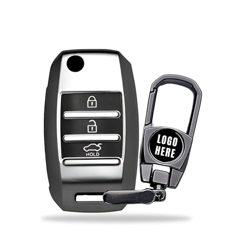 Image of SIAGO Premium TPU Car Key Cover and Metal Keychain Compatible with Kia Carens | Sonet | Seltos 3 Button Flip Key (Grey)