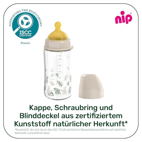 nip – Weithalsflasche | Babyflasche mit Ventil für optimalen Lufteinstrom und zwei Naturkautschuk-Trinksauger. Stillfreundliche Babyflasche aus bruchfestem Glas | Gr. S & M, 240ml, Braun