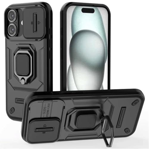 Image of SHINESTAR Tough Armor iPhone 16 Bumper Back Case Cover | Ring Holder & Sliding Camera Shield Cover | 360 Degree Protection Back Case Cover for iPhone 16 (Black)
