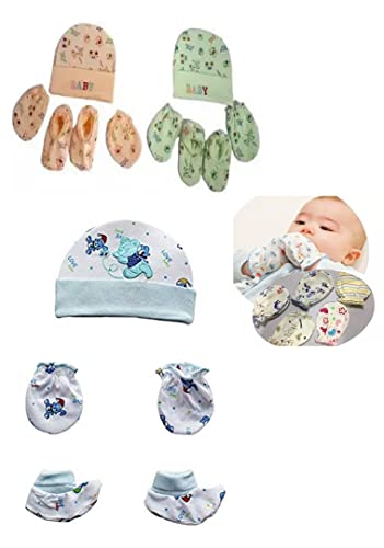 Image of Wavva Baby Mittens, Caps, Gloves and Booty Combo - Pair of 2 (Assorted Colours, 0-6 Months) | Unisex Booty Set, Durable, Cotton Gift Set | Multicoloured.