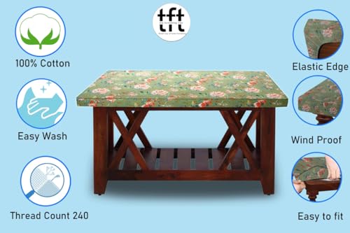Image of The Furnishing Tree Elastic Cotton Square Center Table Cover 18x18 in Inches Floral Multicolor on Greenish Base
