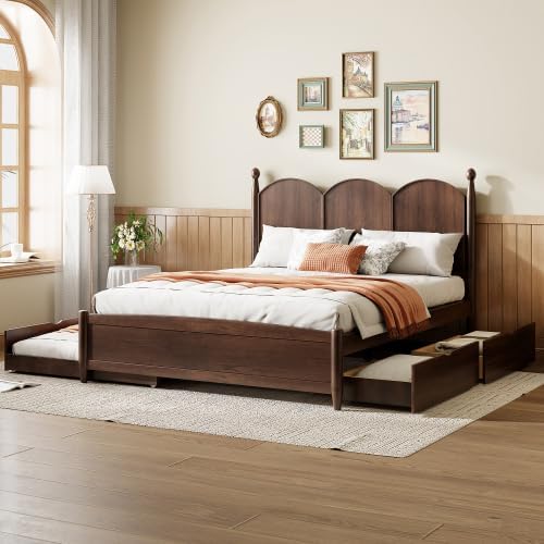 Bellemave Queen Size Platform Bed with 2 Drawers & Trundle, Wood Queen Bed Frame with Curved Headboard & 4 Rounded Pillars (Walnut/Classic)