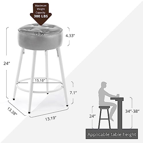 LUE BONA Barstools, Counter Height Barstools, 24 Inches, Saddle Stool with Round Faux Leather Cushion, Soft Seat with White Legs, for Kitchen Island, Coffee Shop, Bar, Bistro, Set of 4, Light Gray