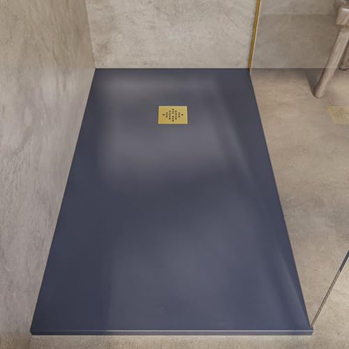 SOULBATH Plato de Ducha - Resina - Gel Coat - Textura Liso/Piedra - Antideslizante - Color Pizarra - 130x100- Extraplano 3cm. Incluye Válvula de desagüe - REJILLA GOLD