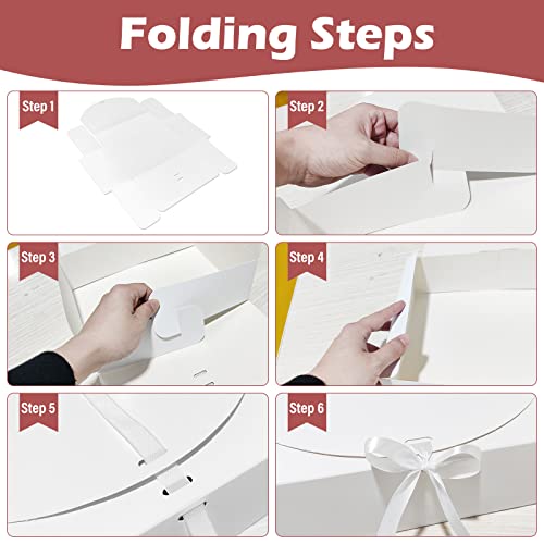 10 PCS Gift Boxes with Lids, 10.6x7.8x3.1 Inch Kraft Paper Gift Box, White with Ribbon, Bridesmaid Proposal Box for Wedding, Packaging, Present, Birthday, Cupcake