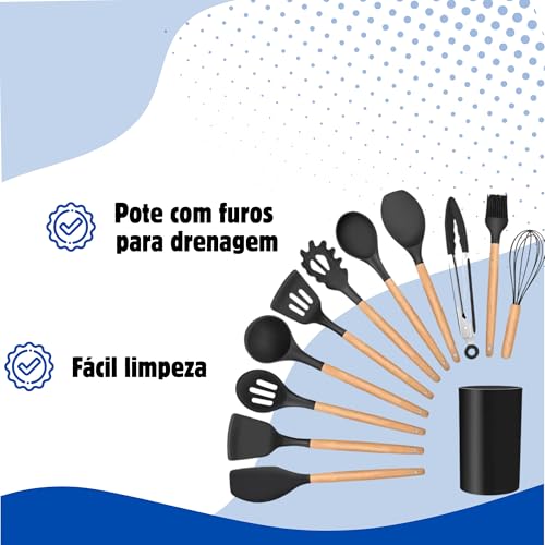 Kit Utensílios de Cozinha Silicone, Antiaderente, Resistente ao Calor, Cabo de Madeira, Jogo de Talh