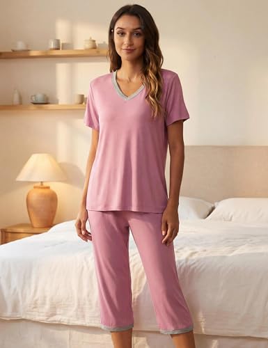 Image of JINSHI Women's Pajamas Set Short Sleeve Top and Capri Pants Lightweight Sleepwear Comfy Pjs Lounge Set with Pockets