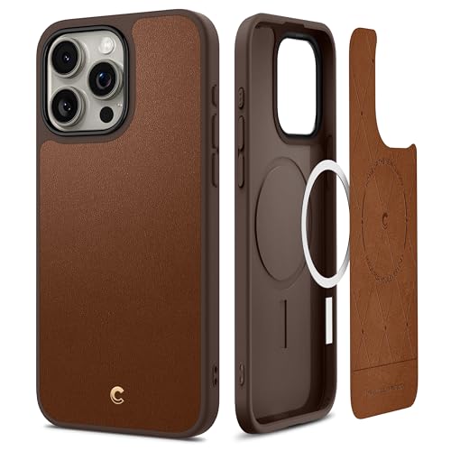 Image of Spigen Cyrill Kajuk Mag | iPhone 15 Pro Case | iPhone 15 Pro Back Cover | Faux Leather+TPU+PC - Saddle Brown