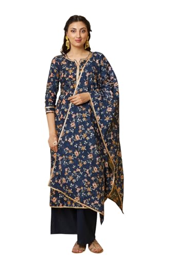Tissu Women's Navy Blue Printed Pure Cotton Kurta & Palazzo With Dupatta