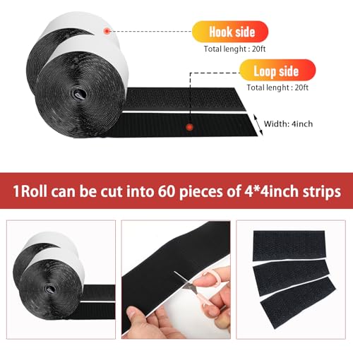 Image of 20Ft *4 Inch Hook and Loop Tape with Adhesive Back, Heavy Duty Double Sided Adhesive Strips, Strong Sticky Strips Roll for Home /Office /School /Car, Black