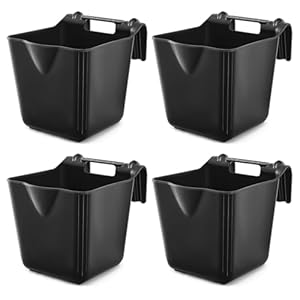 Marsui 4 Pack 15 Quart Horse Feeders for Stall Hook Over Hanging Fence Hay Feeder Mountable Livestock Plastic Feed Bucket for Farm Stalls Pasture, Stable to Feed Horses Sheep Cattle Cows Etc(Black)
