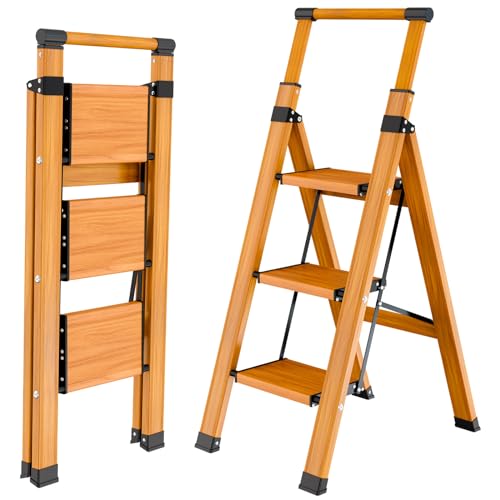 KULACOEscalera Multifuncional de 3 Escalones Antideslizante, Vetas De Madera, Aluminio, hasta 150 Kg