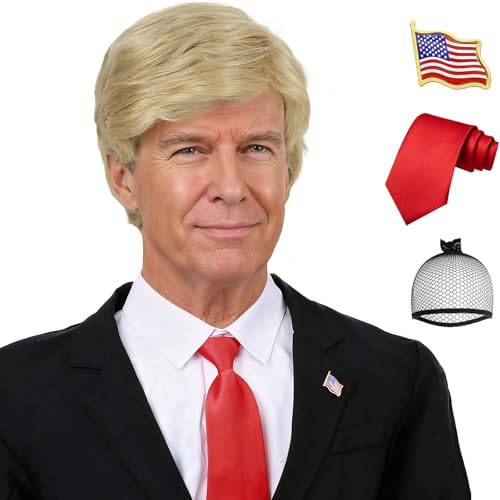Wallden Hair Blonde Costume Wig For Adults 4pcs Set(Wig+ Flag Pin+ Red Tie+ Wig Cap) Blonde Layered Heat Resistant Synthetic Wigs Mens Cosplay Halloween Funny Wigs