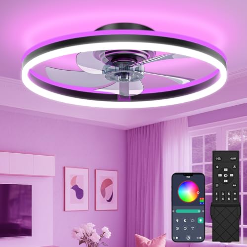 Image of VOLISUN RGB Ceiling Fans with Lights and Remote, 20in Low Profile Ceiling Fans with Lights Flush Mount, 3000K-6500K Dimmable Fandelier LED Fan Light, Black Bladeless Ceiling Fans for Bedroom